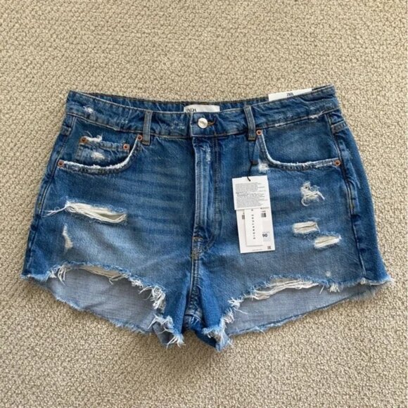 Zara Pants - Zara The High Waist Short Blue Denim Jean Shorts Size 12 / 44 Distressed NWT